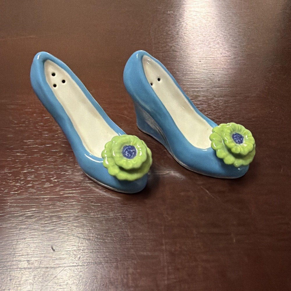 Grasslands Road Petals High Heel Shoe Salt & Pepper Shakers Teal/Lime Green